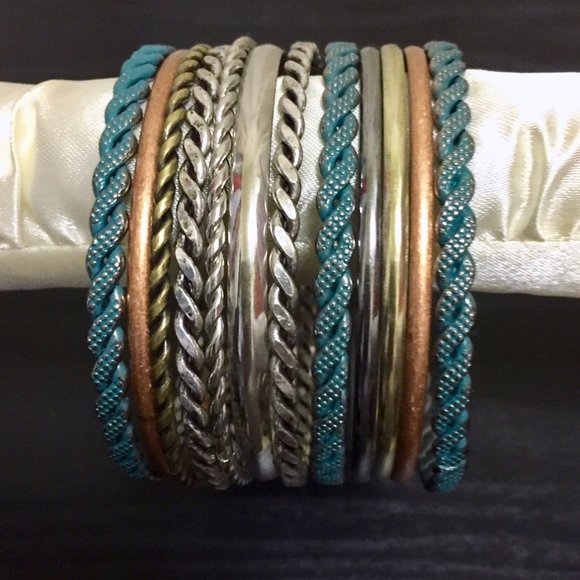 Stacking Bangles in Blue, Silver, Copper & Brass - Picture 2 of 3